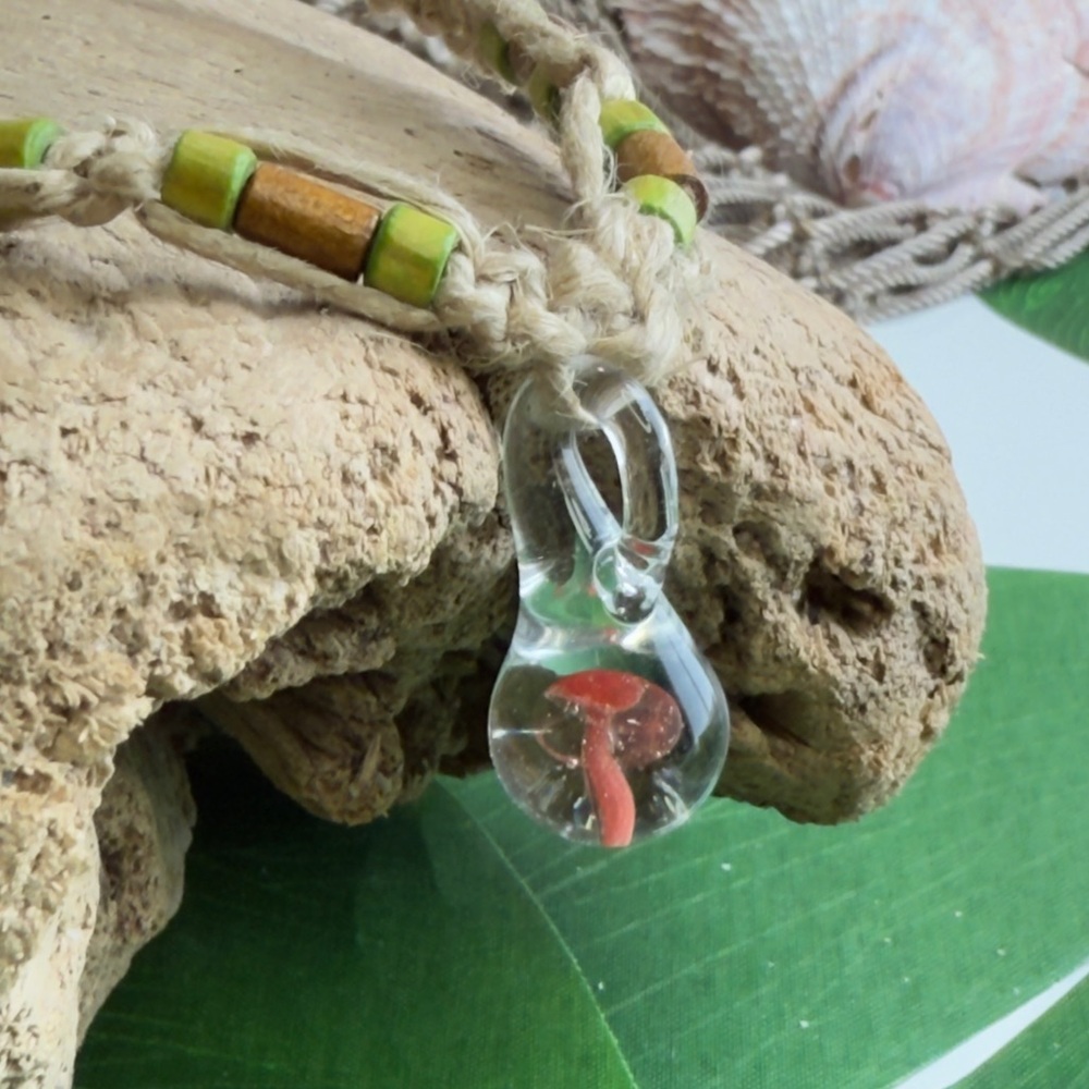 VTG Y2K HANDBLOWN GLASS MUSHROOM PENDANT HEMP NECKLACE UNISEX ADJUSTABLE HIPPIE